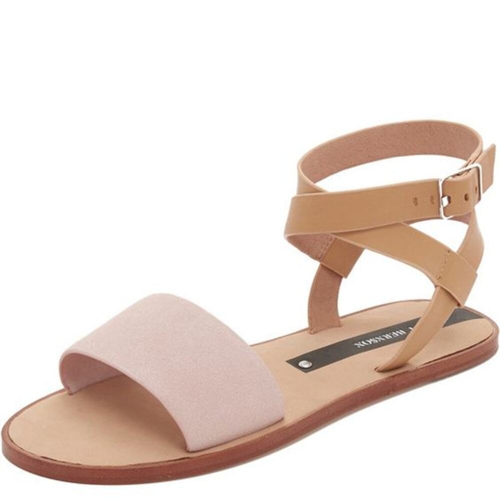Matt Bernson Estela Sandals Blush Suede Wheat Leather Flats‎ Ankle Wrap Size 7